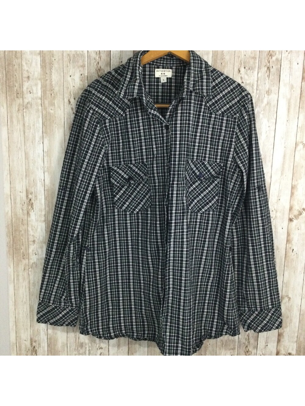 Matchstick Women Black White Thicker Long Sleeve Button-Down Shirt L Adj Sleeve